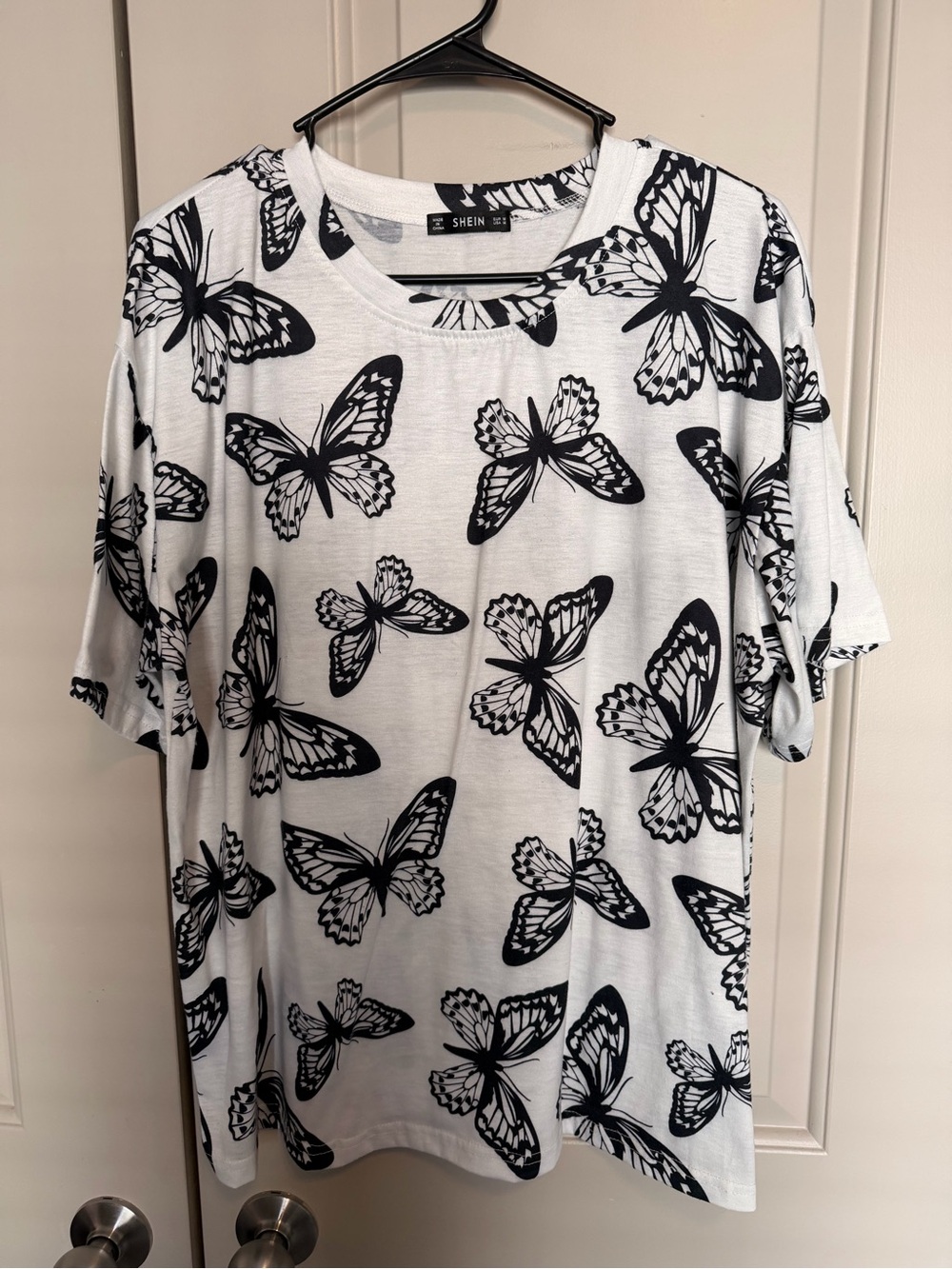 SHEIN White Short Sleeve Top with Black Butterfly Print Medium